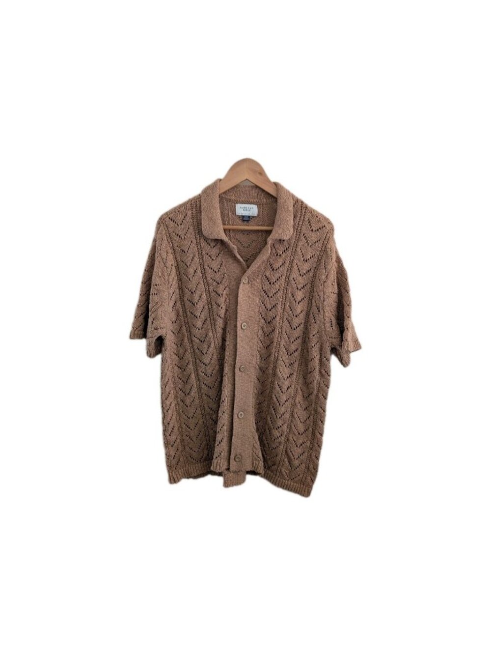 AE Brown Crochet Knit Button Front Sweater M Grandadcore 70s Textured Cabana